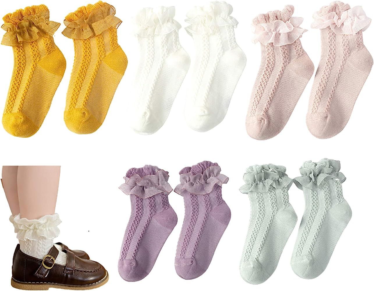5 pairs Baby Girls Ruffle Socks, Kids Toddler Frilly Lace Ruffle Dress Cotton Socks | Amazon (US)