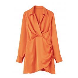 V-Neck Ruched Front Satin Shirt Dress in Orange | Chicwish