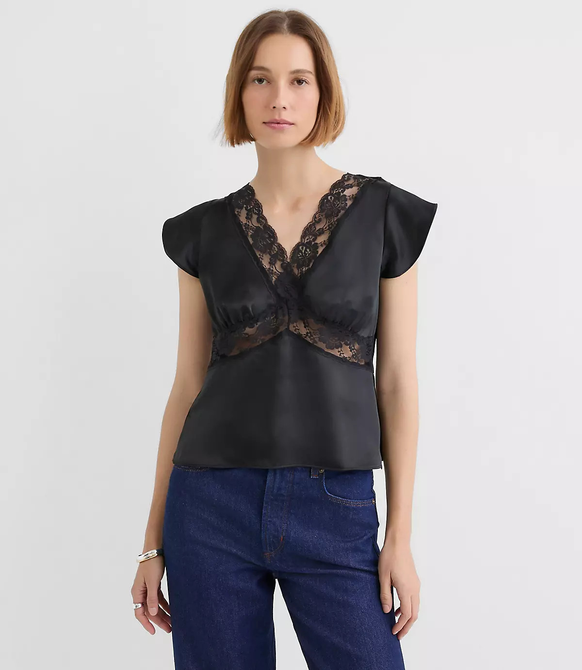 Floral Lace Satin V-Neck Top | LOFT