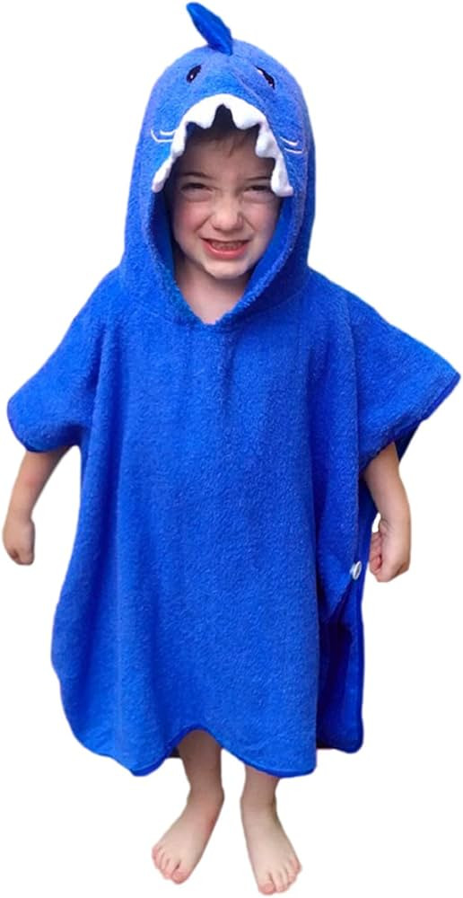 Hudz Kidz Premium Hooded Towel Poncho for Kids & Toddler - 100% Cotton (Blue Shark) | Amazon (US)
