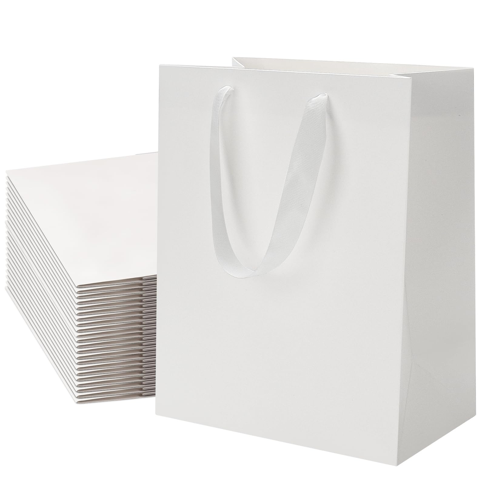 FISHLONO White Gift Bags With Handles, 8x5x10 Inches Medium Gift Bags Bulk, White Kraft Paper Bag... | Amazon (US)