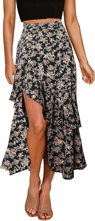 BTFBM Women Boho Floral Print Long Skirts Dress Chic High Low Side Split Ruffle Hem Elastic Waist... | Amazon (US)