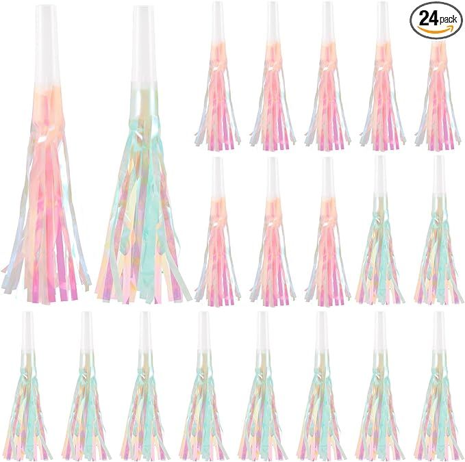 24 Pcs Mermaid Party Blowers Noise Makers Glitter Metallic Fringed Party Horns for Kids Girl Merm... | Amazon (US)