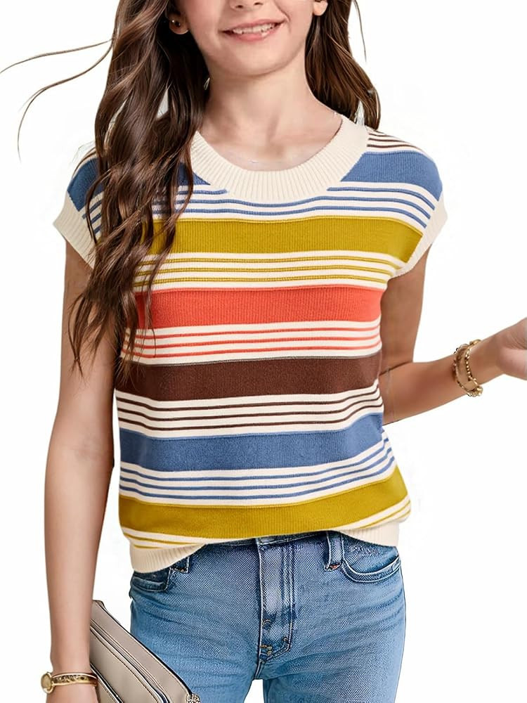 Seiciviy Girls Summer Fall Tops School Picture Day Sweater Vest Teen Clothes Striped Cap Sleeves ... | Amazon (US)