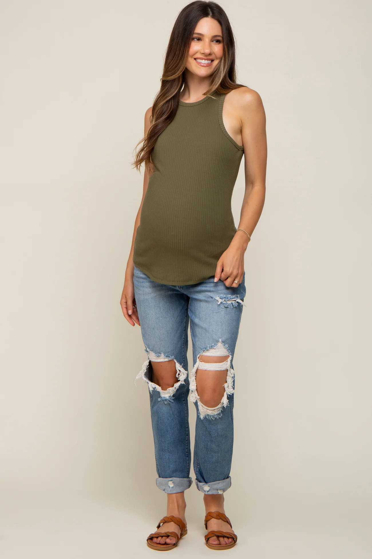 Blue Distressed Cuffed Maternity Jeans | PinkBlush Maternity