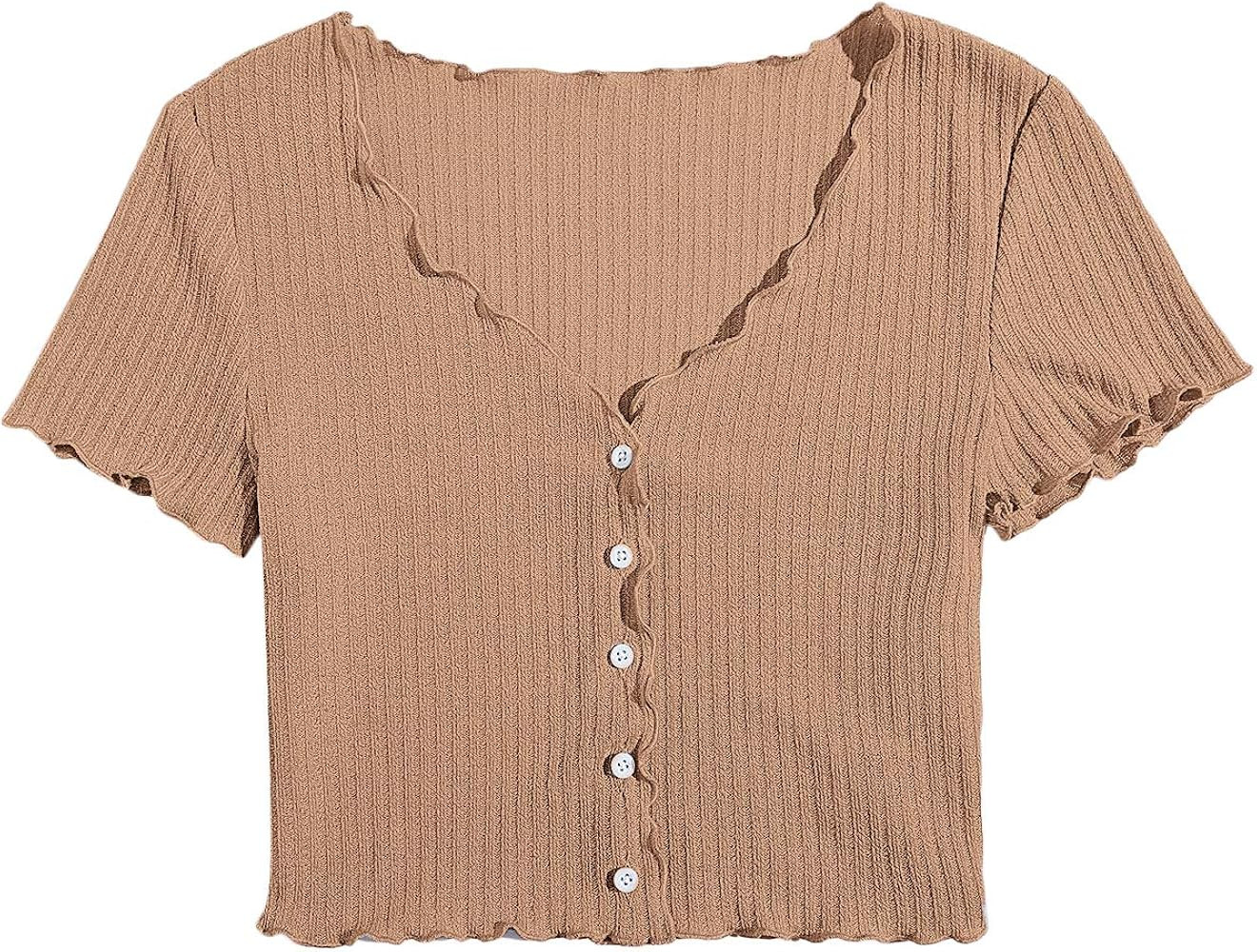 Verdusa Women's V Neck Button Down Short Sleeve Rib Knit Crop Top Tee Shirt | Amazon (US)