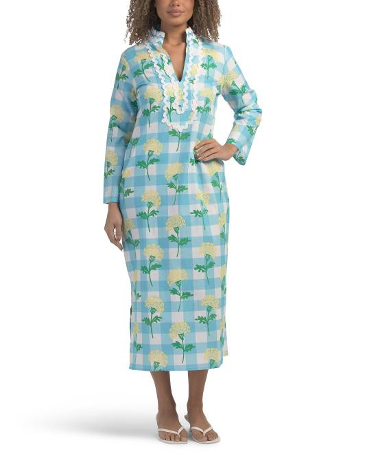 Long Sleeve Gingham Floral Print Classic Caftan Dress | TJ Maxx