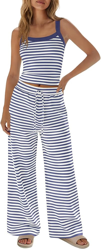 LAMISSCHE Womens Striped Lounge Set Spaghetti Strap Tank Top And Pants Sets | Amazon (US)