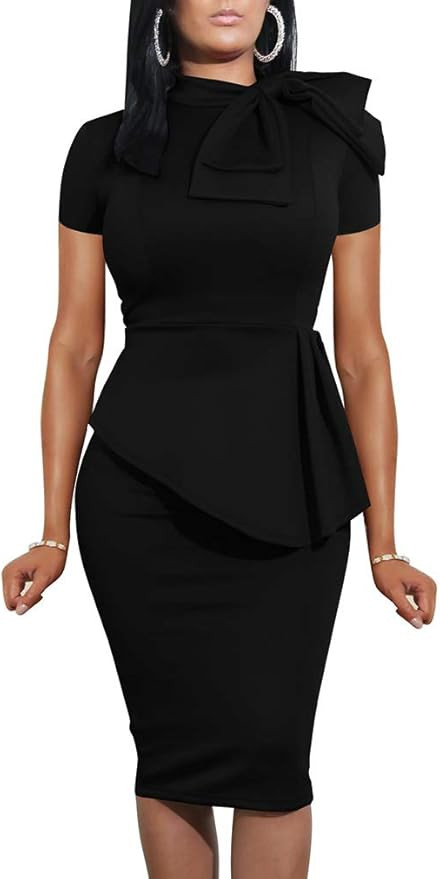 LAGSHIAN Women Fashion Peplum Bodycon Short Sleeve Bow Club Ruffle Pencil Party Dress | Amazon (US)