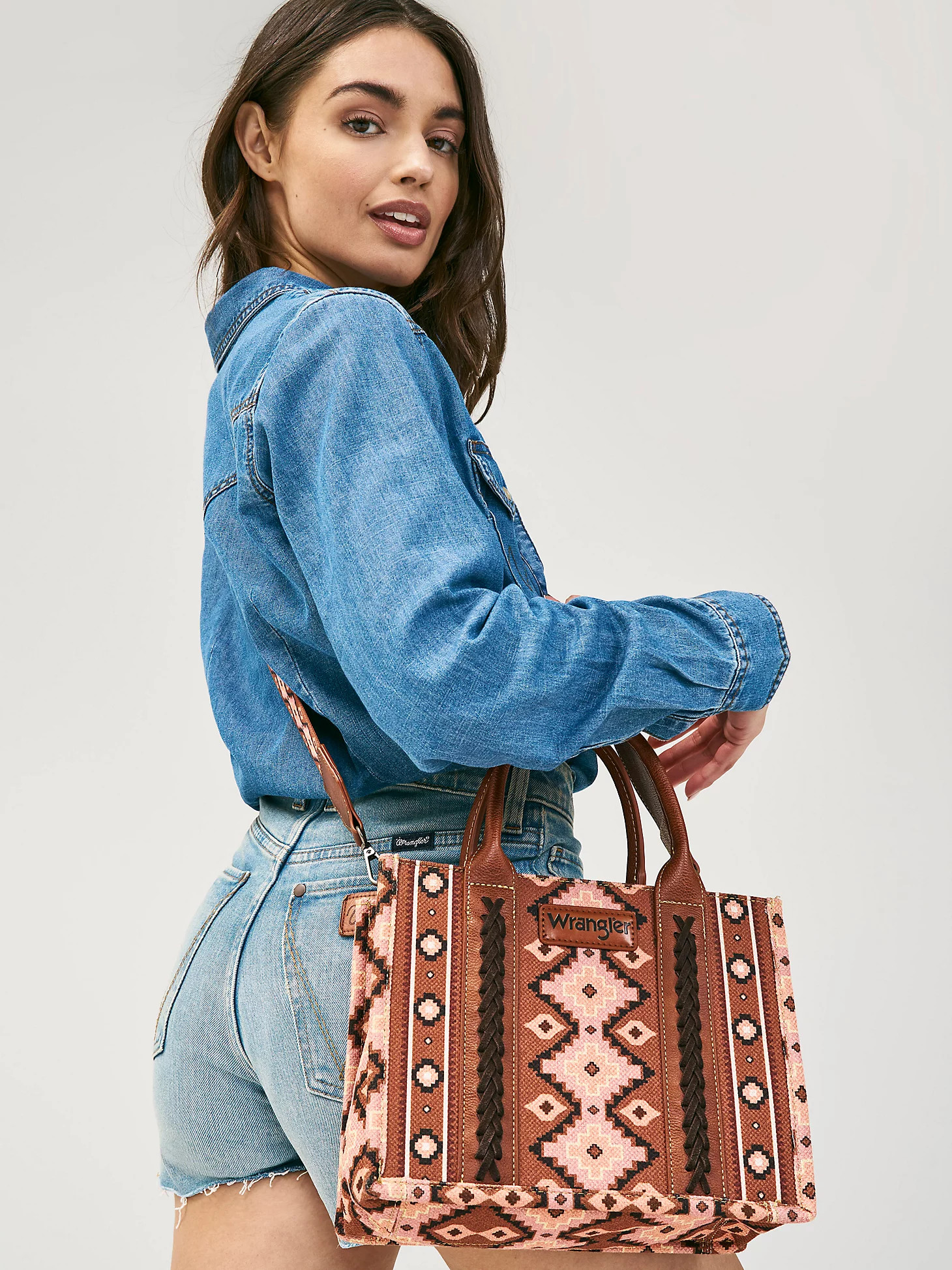 Southwestern Print Cross Body Canvas Mini Tote in Dark Brown | Wrangler