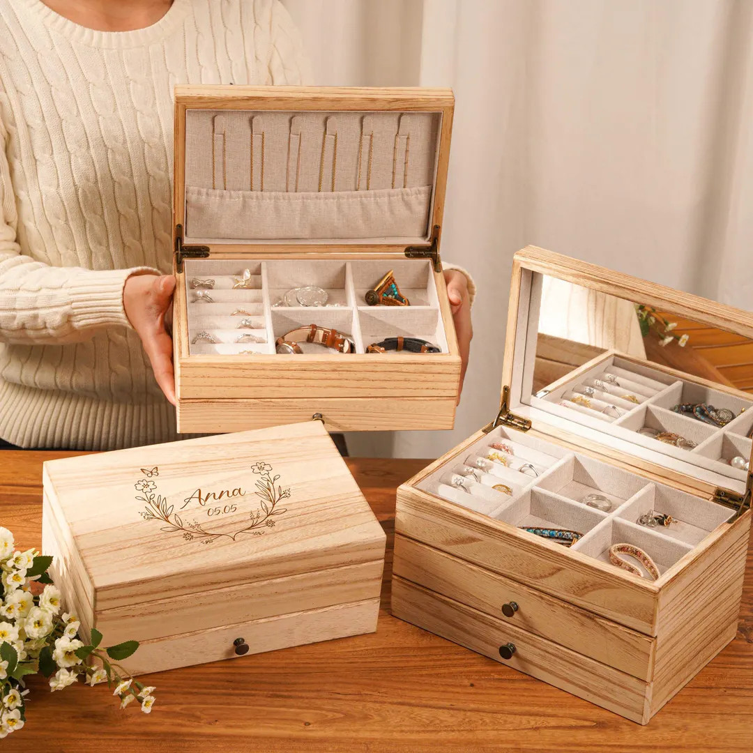 Personalized Wooden Jewelry Box, Engraved Jewelry Organizer With Mirror, Necklace Storage, Birthd... | Etsy (US)