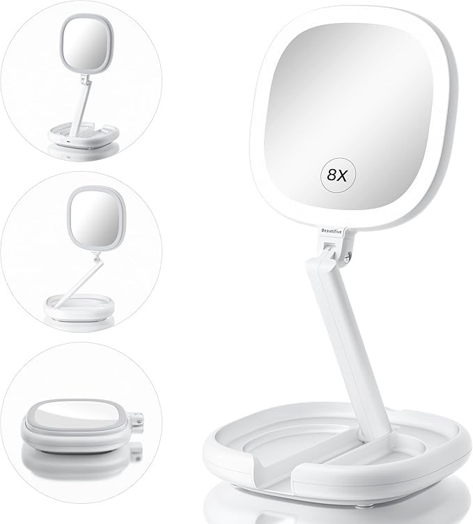 Makeup Mirror with Lights and Magnification, 1X/8X Travel Lighted Makeup Mirror, Lighted Folding ... | Amazon (US)
