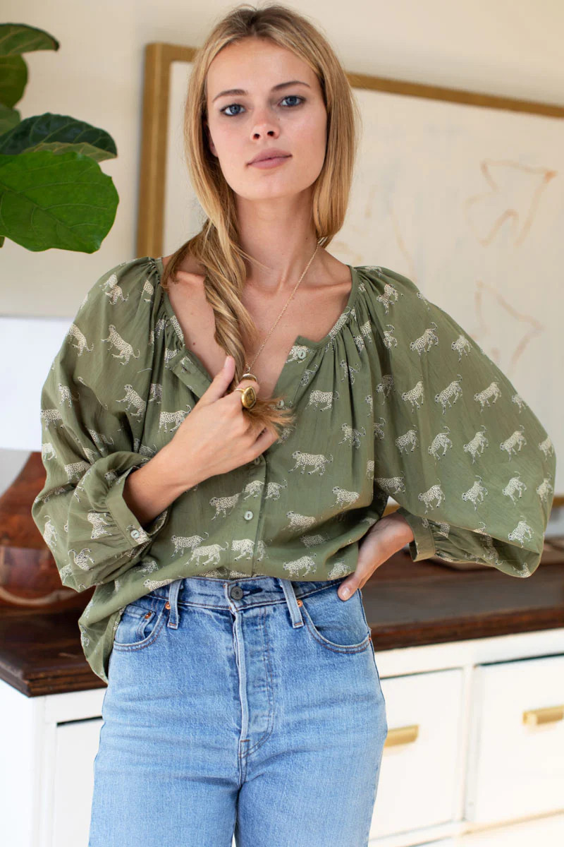 Frances Blouse - Olive Cheetah Organic | Emerson Fry