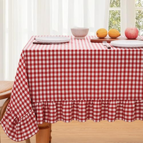 KKJIAF Red & White Gingham Tablecloth 52 x 70 Inch, Cotton Plaid Tablecloth with Ruffle Edge Design, Linen Feel Classic Farmhouse Checkered Table Cover for Kitchen Parties Living Room Decoration | Amazon (US)