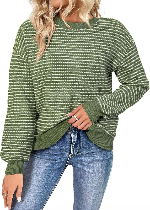 SHEWIN Womens Long Sleeve Crewneck Sweaters Casual Knit Striped Side Split Pullover Sweater Tops | Amazon (US)