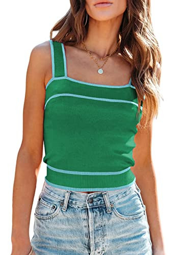 Dokotoo Womens Summer Cropped Tank Top Lightweight Color Block Knitted Sleeveless Tops Fitting Cami Tops Green Medium | Amazon (US)