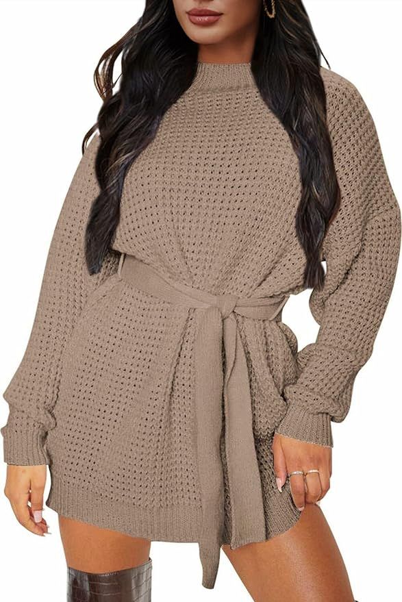 ZESICA Women's Long Sleeve Solid Color Waffle Knitted Tie Wasit Tunic Pullover Sweater Dress,Blac... | Amazon (US)