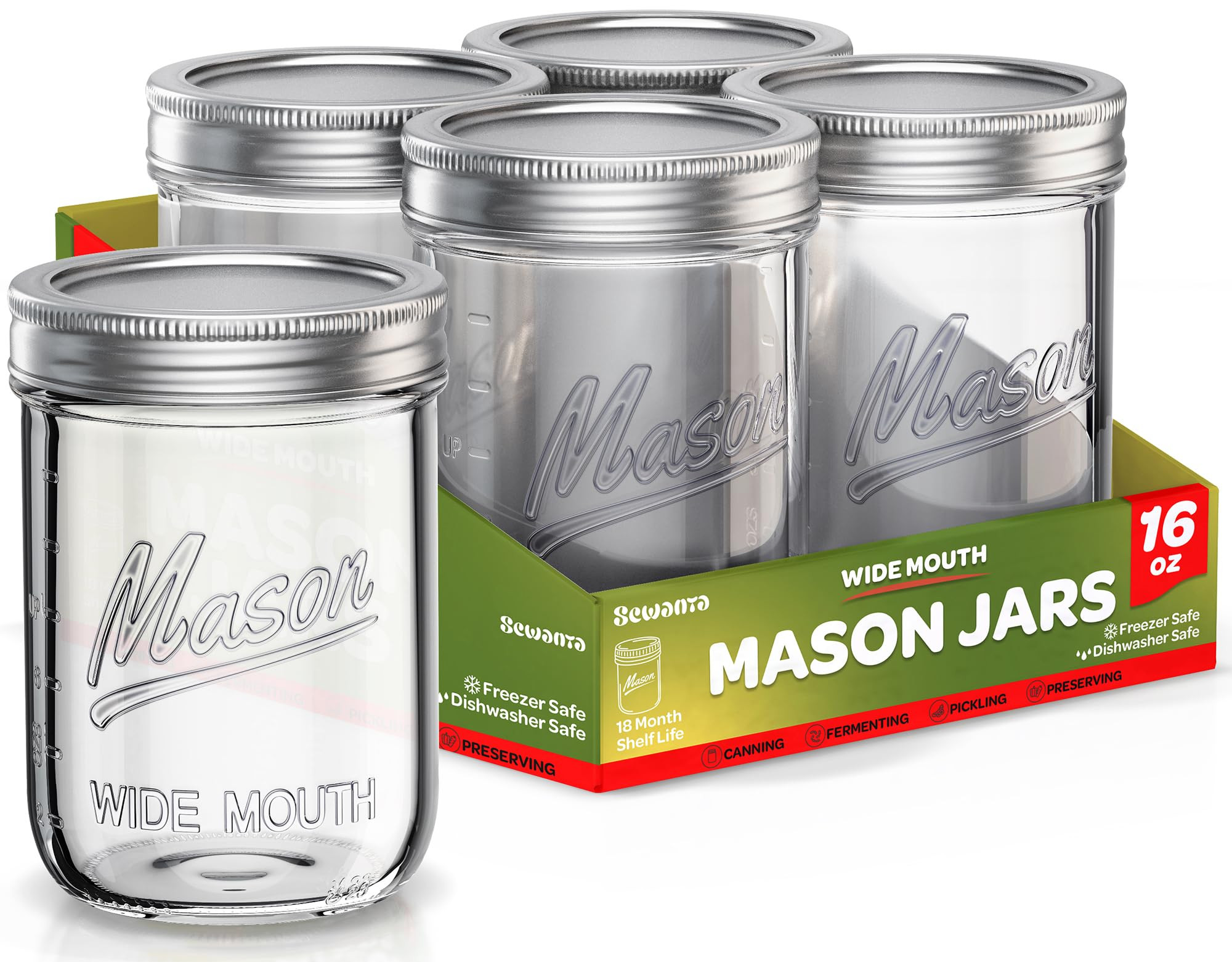Wide Mouth Mason Jars 16 oz [5 Pack] With Mason Jar Lids and Bands, Mason Jars 16 oz - For Cannin... | Amazon (US)