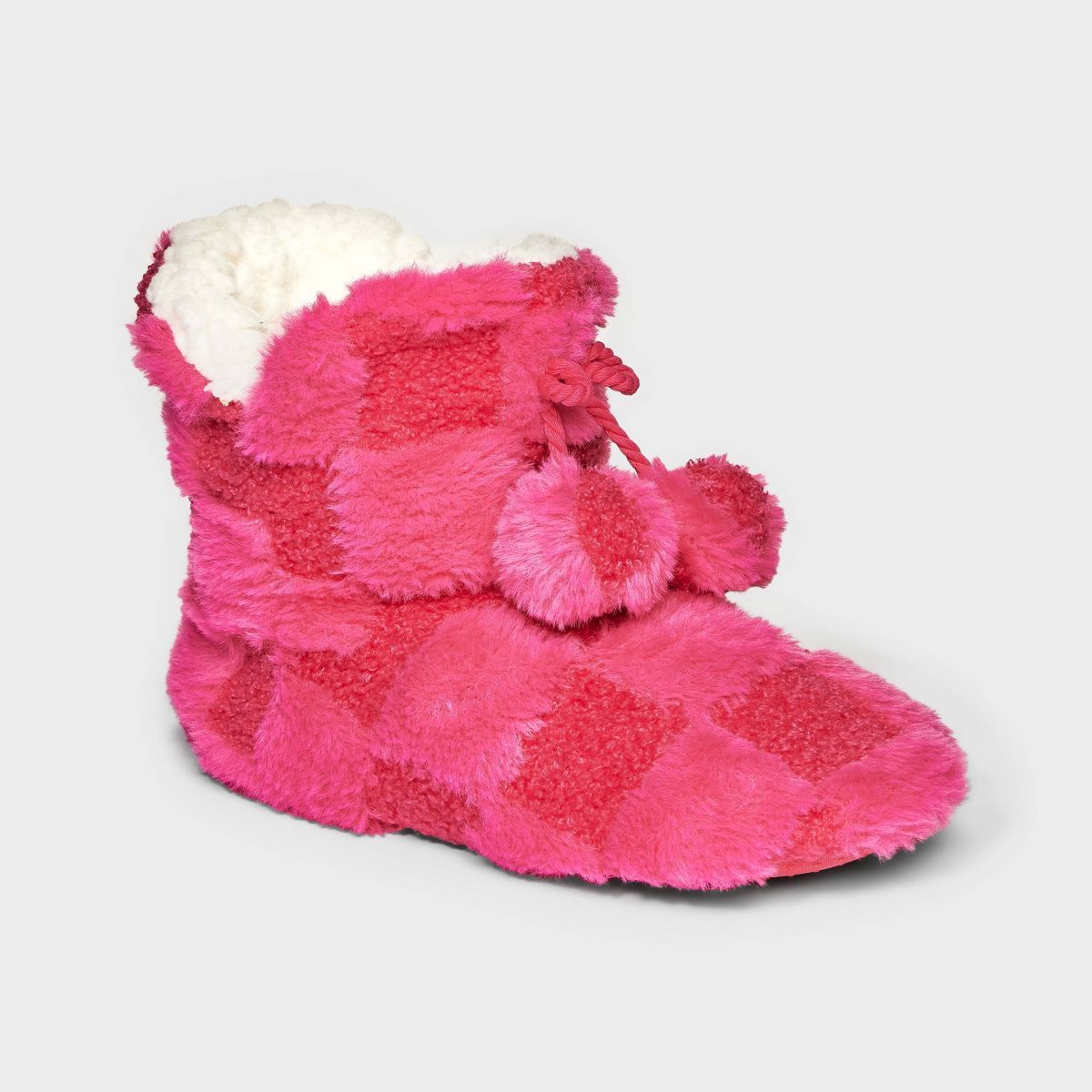 Women's Checkered Faux Fur Booties with Poms and Grippers - Pink | Target