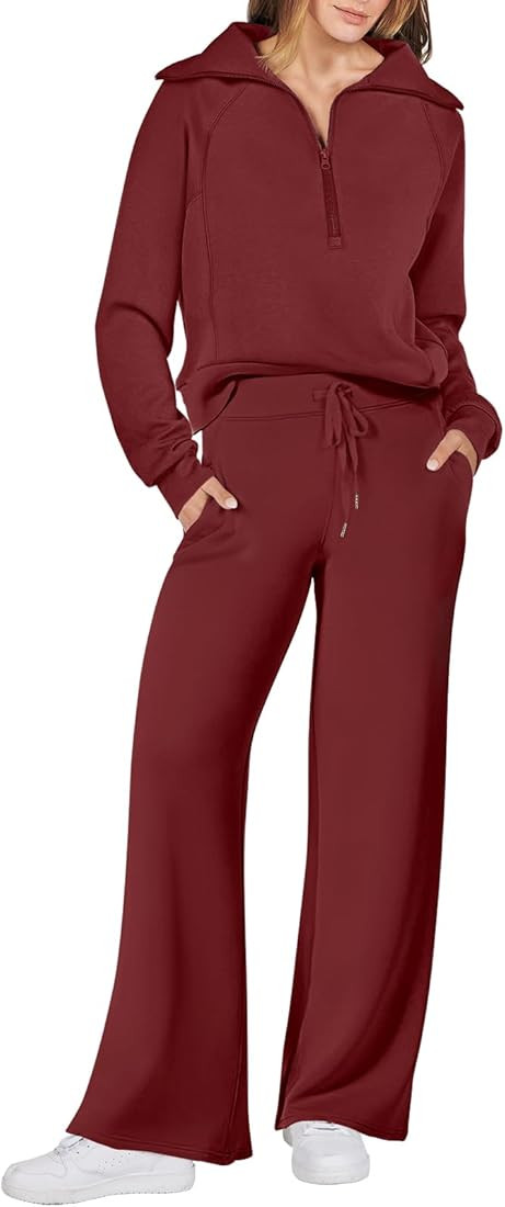 ANRABESS Women 2 Piece Outfits Sweatsuit Set 2023 Fall Oversized Half Zip Sweatshirt Wide Leg Swe... | Amazon (US)