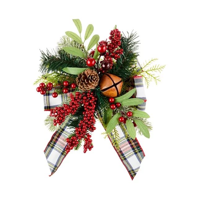 Holiday Time Red Plaid Rustic Pine and Berry Floral Christmas Bow Décor, 13" tall, 5.3 oz | Walmart (US)