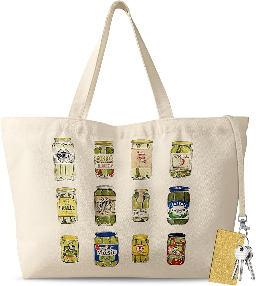 Large Tote Bag for Women - Aesthetic Cute Big Canvas Bags with Zipper Cotton Shoulder Bag for Gym... | Amazon (US)