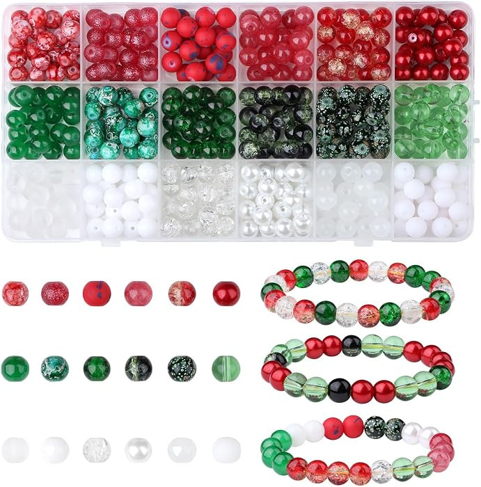 DUQGUHO Christmas Beads, Christmas Beads for Jewelry Making, 8mm Red Green White Round Glass Bead... | Amazon (US)