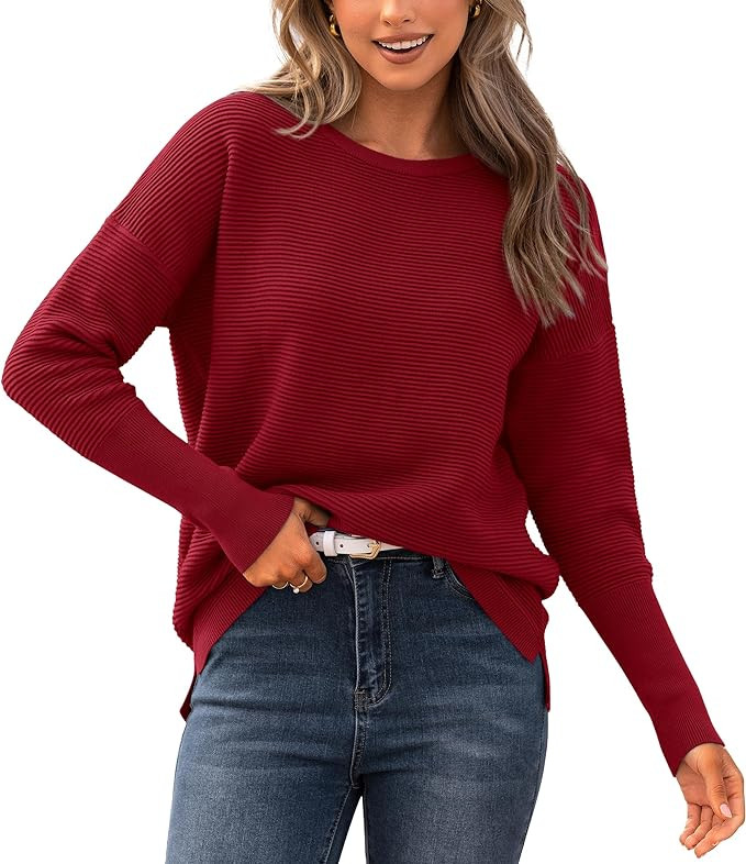 BTFBM Casual Women 2025 Fall Sweater Long Sleeve Ribbed Knit Pullover Loose Crewneck Batwing Spli... | Amazon (US)