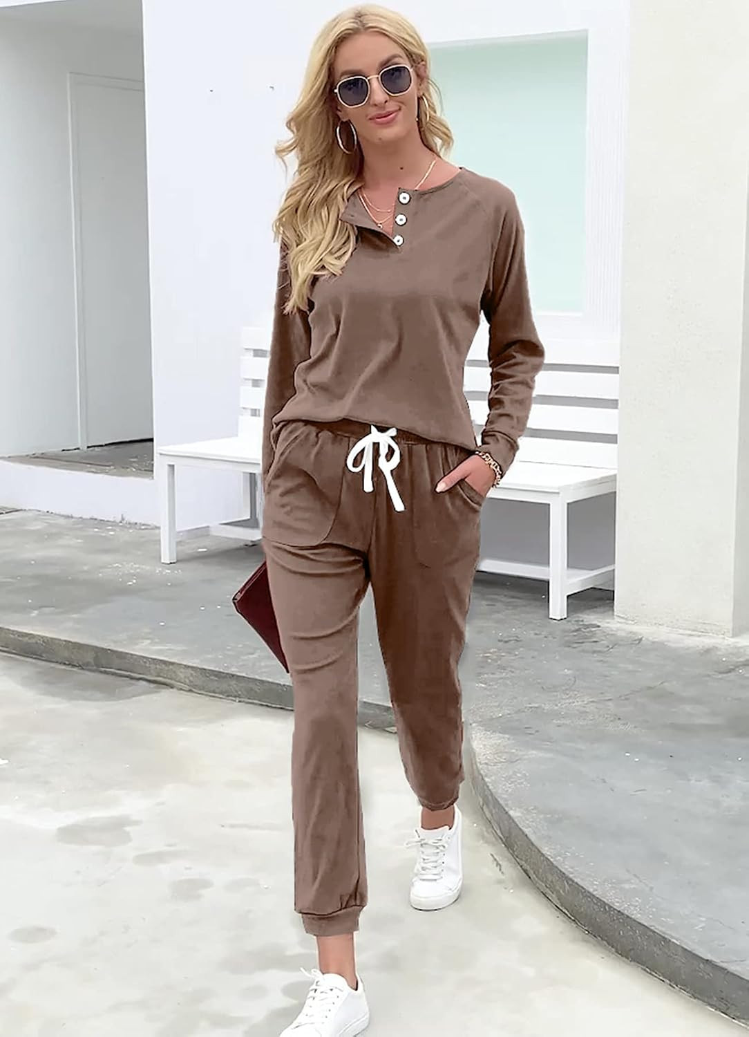 WIHOLL Two Piece Outfits for Women Lounge Sets Button Down Sweatshirt Sweatpants Sweatsuits Set with Pockets | Amazon (US)