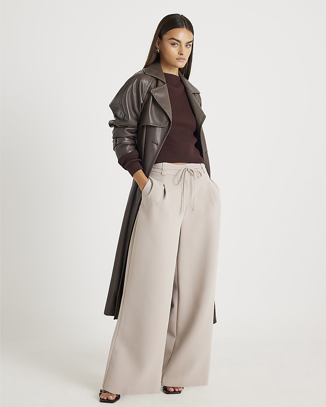 Beige Tie Waist Wide Leg Trousers | River Island UK & IE