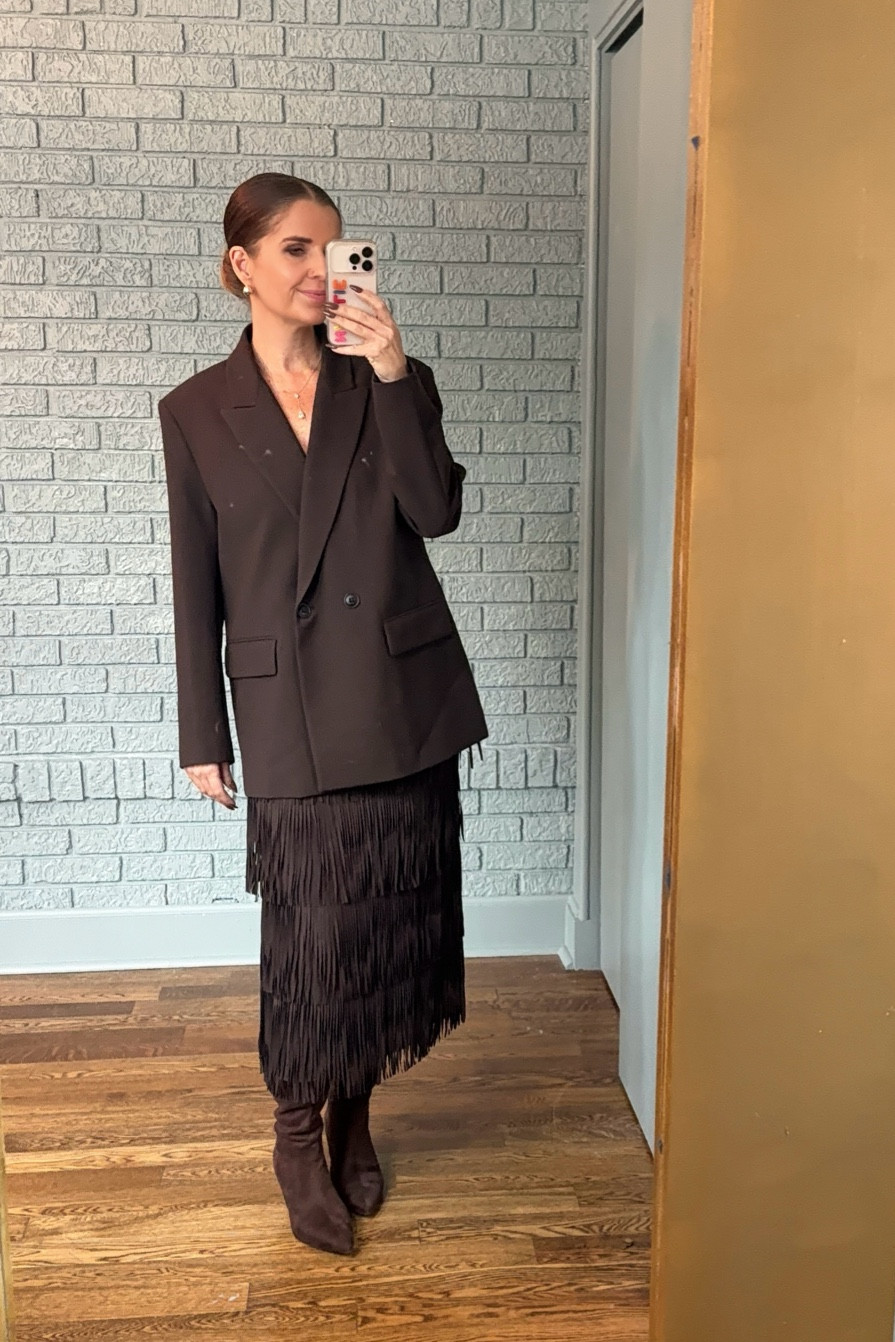 Oversized brown blazer with fringe skirt. Both from Zara and both tts. Suede tall boots from Target run tts 

#LTKOver40 #LTKFindsUnder100 #LTKootd