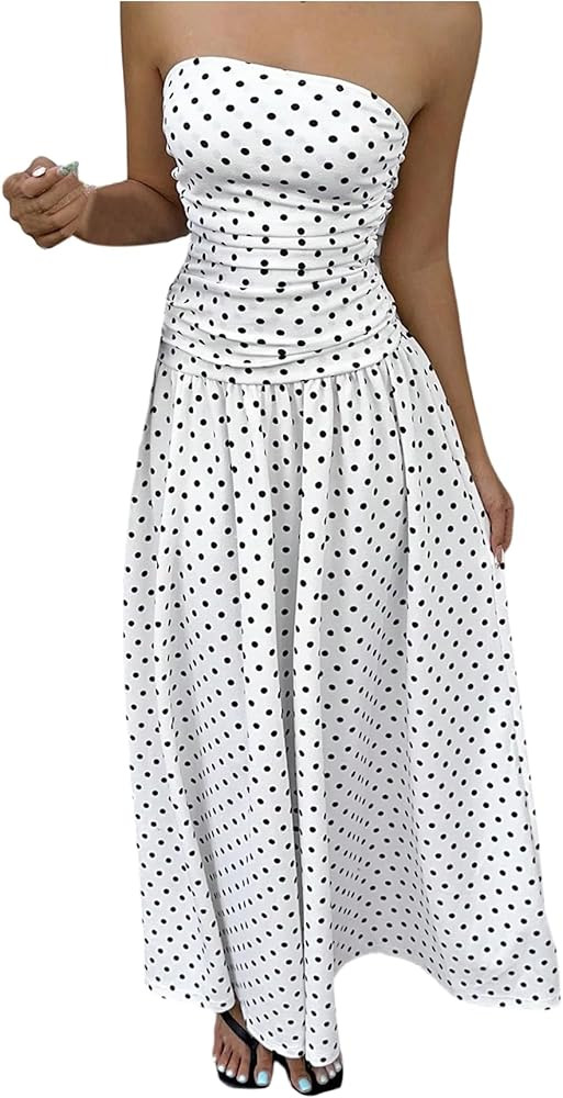 GORGLITTER Women's Polka Dots Strapless Ruffle Tube Dress Ruched Sleeveless Maxi Dresses | Amazon (US)