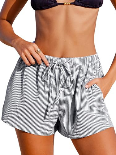 CUPSHE Women's Casual Shorts Striped High Waisted Summer Beach Cover Up Shorts with Pockets Black, M | Amazon (US)