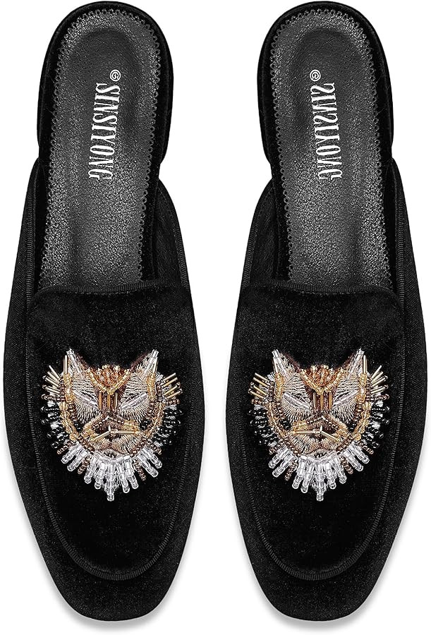 Embroidered Mules for Women Round Toe Backless Velvet Mules Tiger Head Pattern Loafers | Amazon (US)