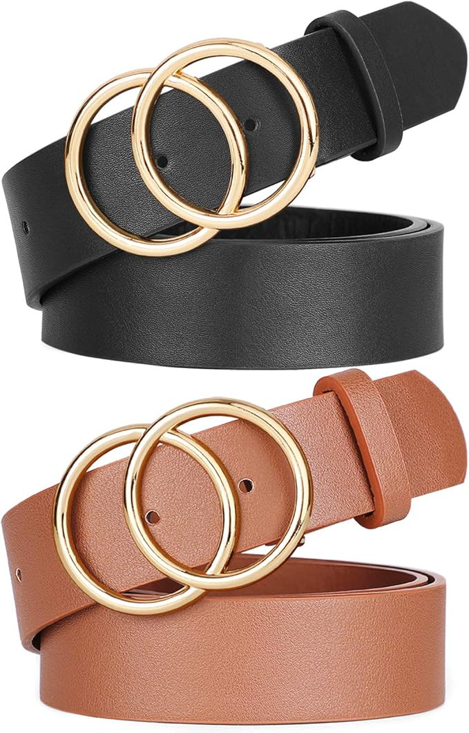 Women Leather Double O-Ring Belt Fashion Golden Designer Buckle Belt for Jeans Pants Dresses by W... | Amazon (US)