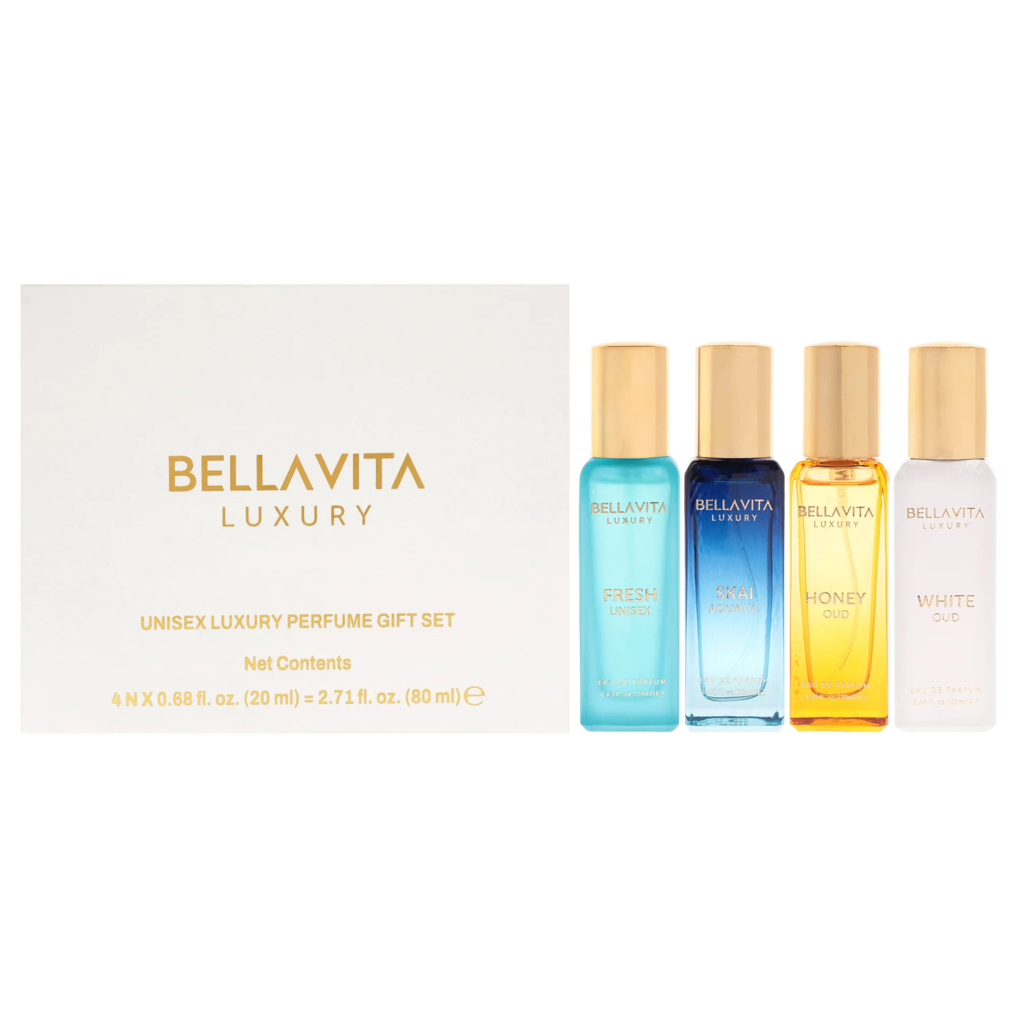Luxury Perfume Gift Set by Bellavita for Unisex - 4 Pc Gift Set 0.68oz Skai Aquatic EDC Spray, 0.68oz Fresh EDT Spray, 0.68oz Honey Oud EDP Spray, 0.68oz White Oud EDP Spray | Shop Simon