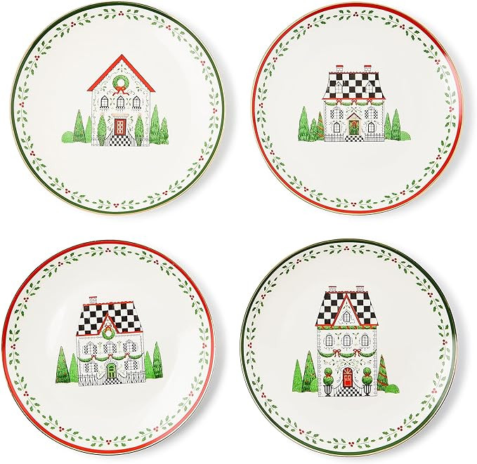MACKENZIE-CHILDS Set of 4 Ceramic Dessert Plates, Decorative Christmas Dishes, Holly Village | Amazon (US)