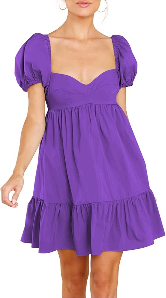 BELONGSCI Women's Summer Cute Dress Sweetheart Neckline Puff Sleeve Ruffle A-Line Casual Loose Flowy | Amazon (US)
