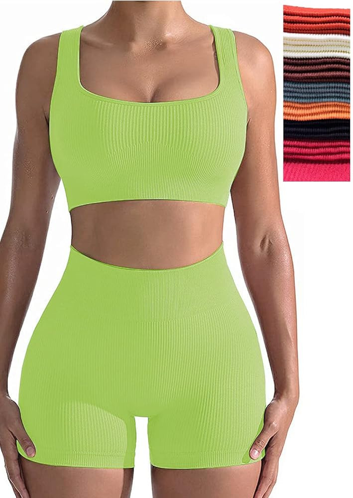 Workout Sets for Women, Seamless Crop Tops Leggings Matching 2 Pieces Outfits, Sexy Two Piece Yoga W | Amazon (US)