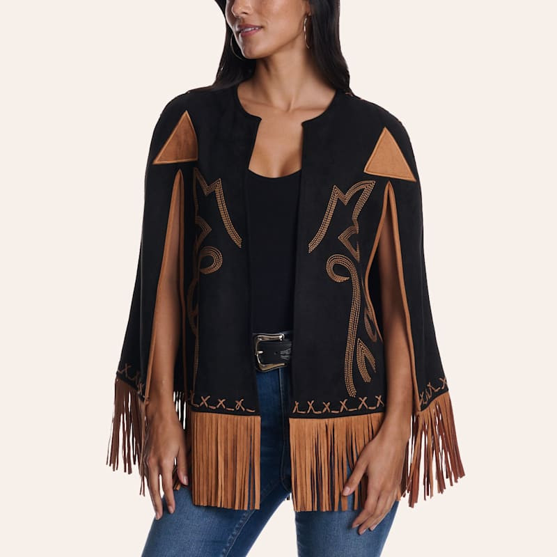 Blue B Women's Black & Camel Embroidered Fringe Poncho | Cavender's