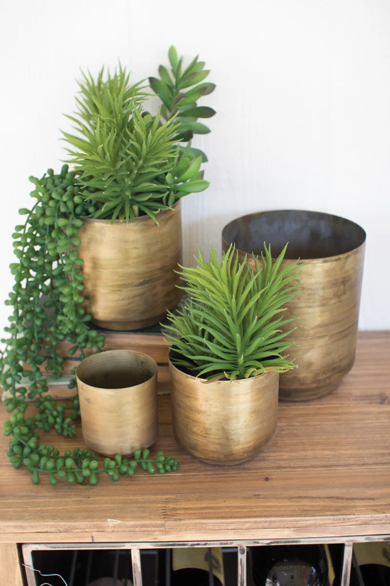 Metal Aged Brass Flower Pots – 3.5"H Decorative Planters, Set of Four (Set of 4) | Wayfair North America