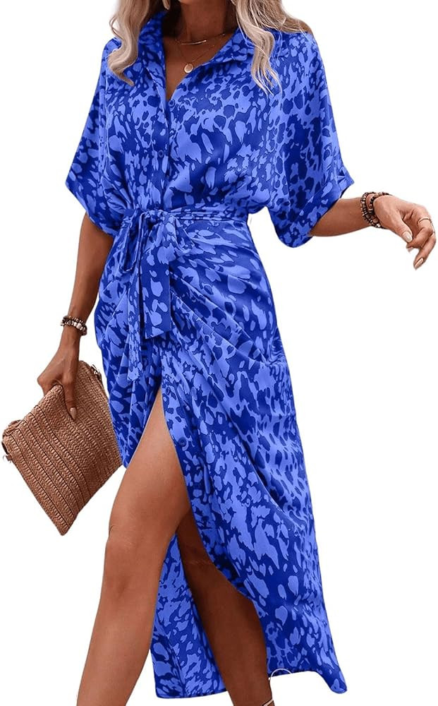 MakeMeChic Women's High Waist Button Down Belted Long Dress Printed Split Shirt Dress | Amazon (US)