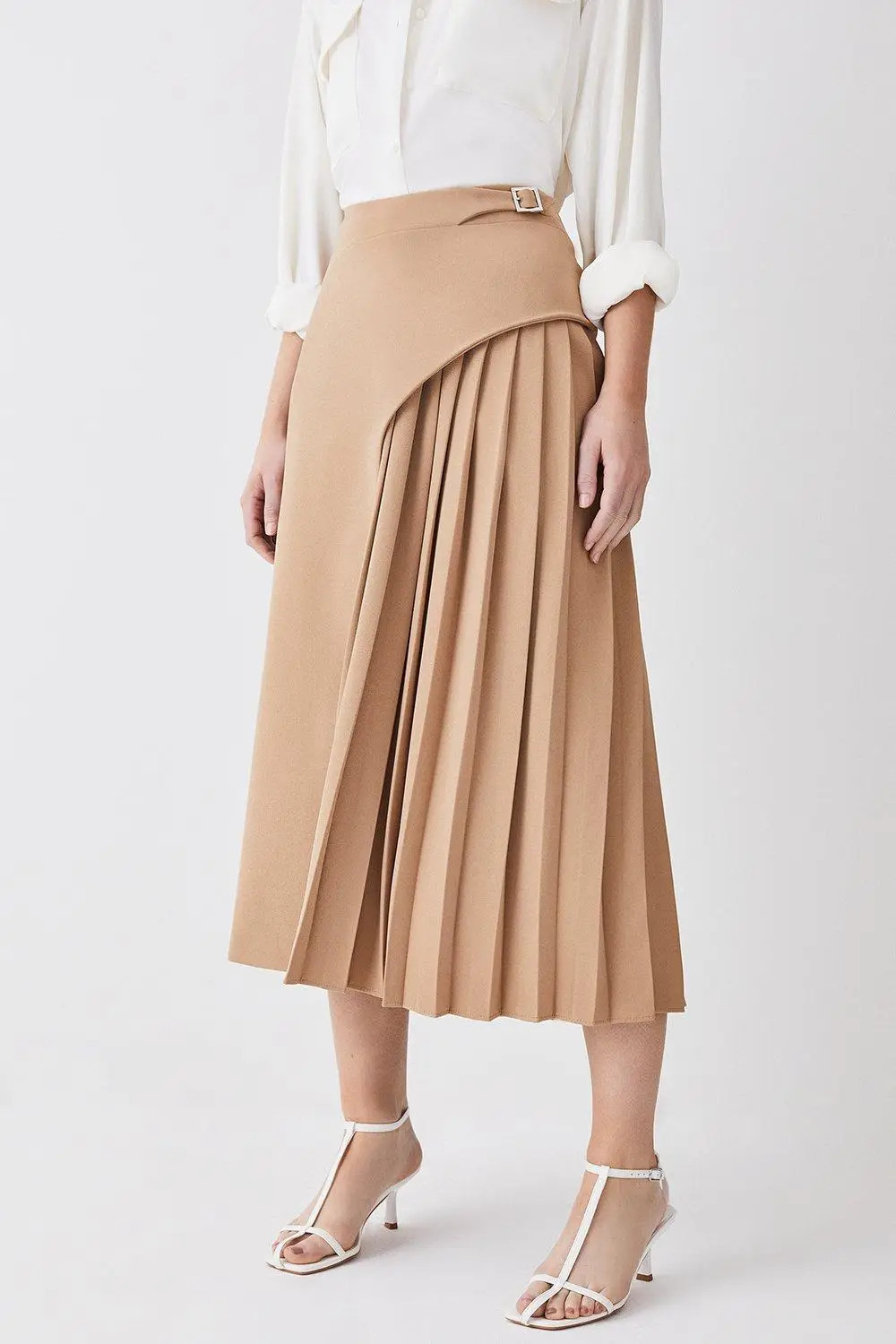 Skirts | Tailored Buckle Detail Pleated Midi Skirt | KarenMillen | Karen Millen US