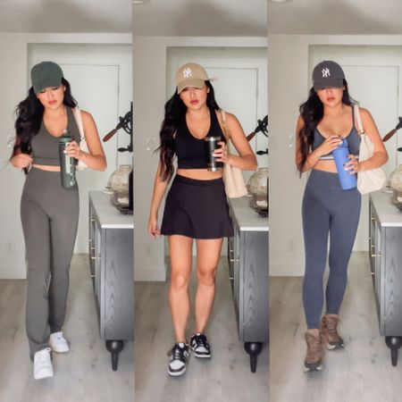 Matching active sets, flare pants, ribbed leggings, skorts. White sneakers with a baseball cap. 

Wearing size small in tops and XS in bottoms 

#LTKfit #LTKstyletip #LTKSeasonal
