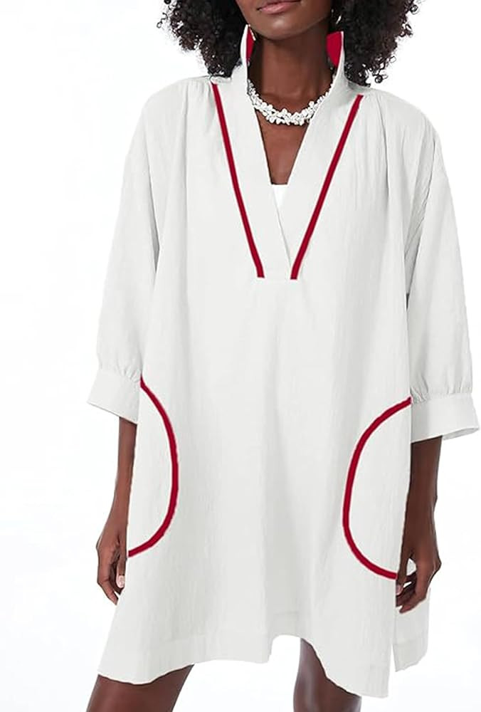 Ailoqing Swimsuit Coverup Womens V Neck 3/4 Sleeve Casual Shirt Dress with Pockets | Amazon (US)