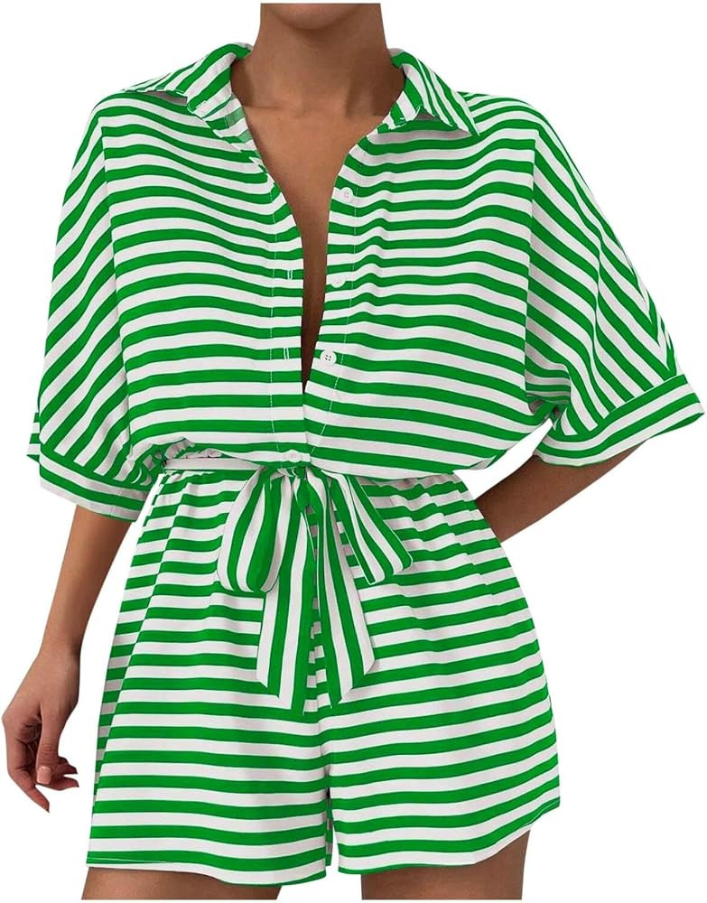 Women's Striped Button Rompers Shorts Fashion Half Sleeve Lapel Collar Loose Jumpsuit Wide Leg Bo... | Amazon (US)