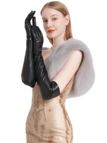 Daoflkuo Women Opera Long Sheep Leather Gloves Genuine Soft Lambskin Above Elbow Gloves In Black X- Large | Amazon (US)