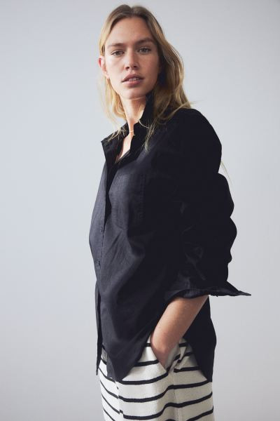 Linen-blend Shirt - Long sleeve - Regular length - Black - Ladies | H&M US | H&M (US + CA)