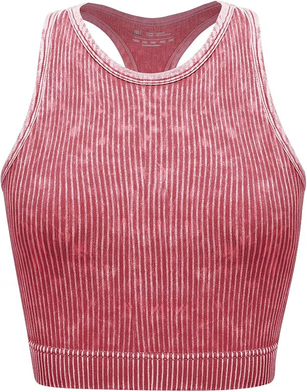Women's Seamless Ribbed Workout Crop Tank Top,Slim Fit Short Scoop Neck Racerback Tank Tops,Sport... | Amazon (US)