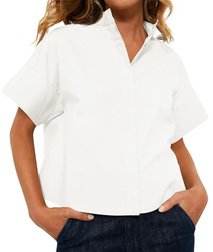 Cicy Bell Womens Cropped Short Sleeve Button Down Shirts Pleated Summer Dressy Casual Blouse Stan... | Amazon (US)